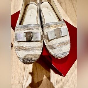 Salvatore Ferragamo Silver Cream Flats with Strappy Design